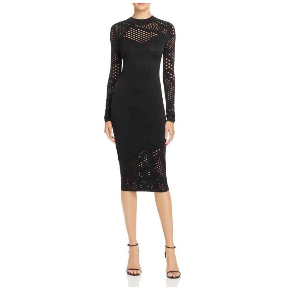 MILLY Black Fractured Pointelle Laser Cut Rayon Knit Dress Size Small